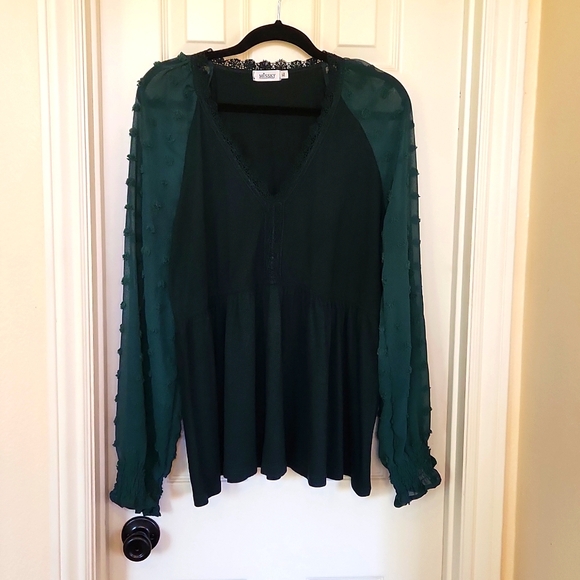 Green V-Neck Boho Top Sheer Sleeve Top - Picture 2 of 4